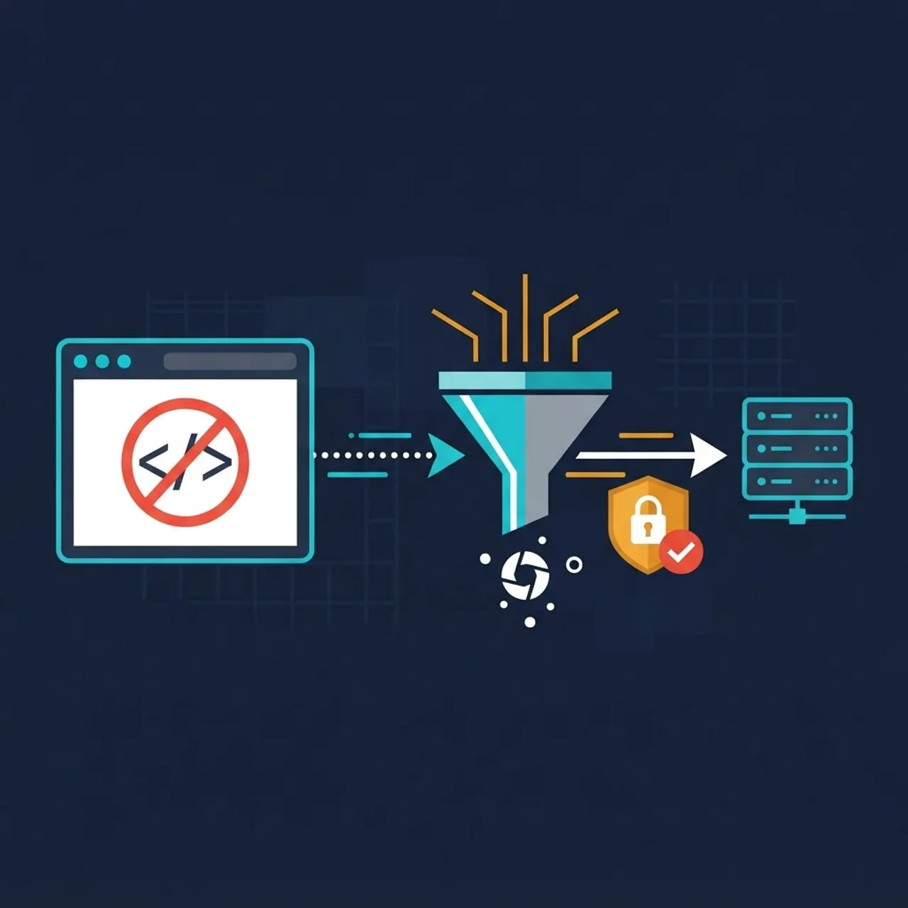 Workflow illustration showing script blocking, input sanitization, and request token validation